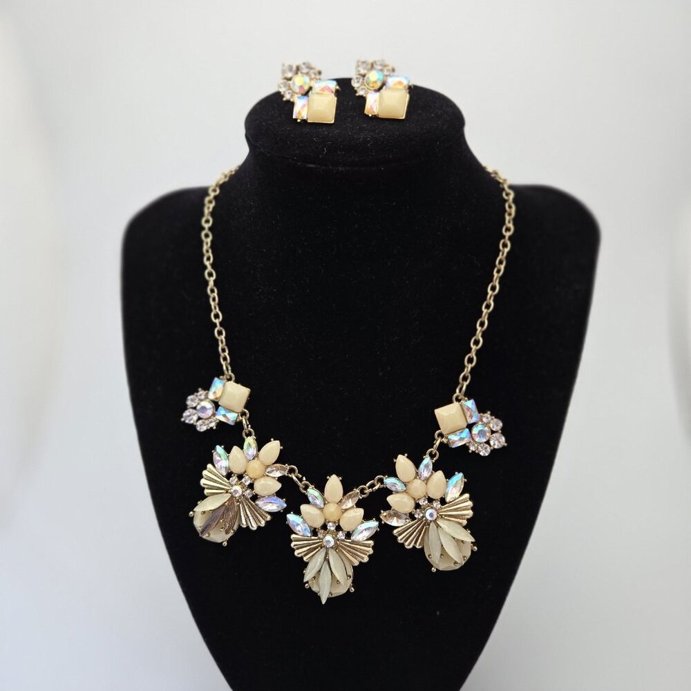 Vintage Crystal Rose Iridescent Statement Necklace Set‎ Glam Regency Bridgerton